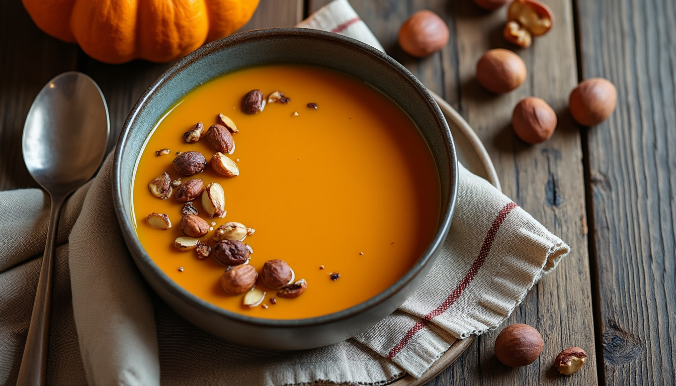 découvrez un menu gourmand et automnal : velouté de potimarron à la noisette, rôti de porc mijoté au vin rouge accompagné d'un gratin de potimarron, et terminez sur une note sucrée avec de délicieuses crêpes aux pommes et amandes.