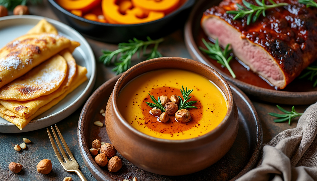 découvrez un menu automnal gourmand : velouté de potimarron relevé de noisettes, rôti de porc mijoté au vin rouge accompagné d’un gratin de potimarron, puis savourez de délicieuses crêpes aux pommes et amandes pour finir sur une note sucrée.