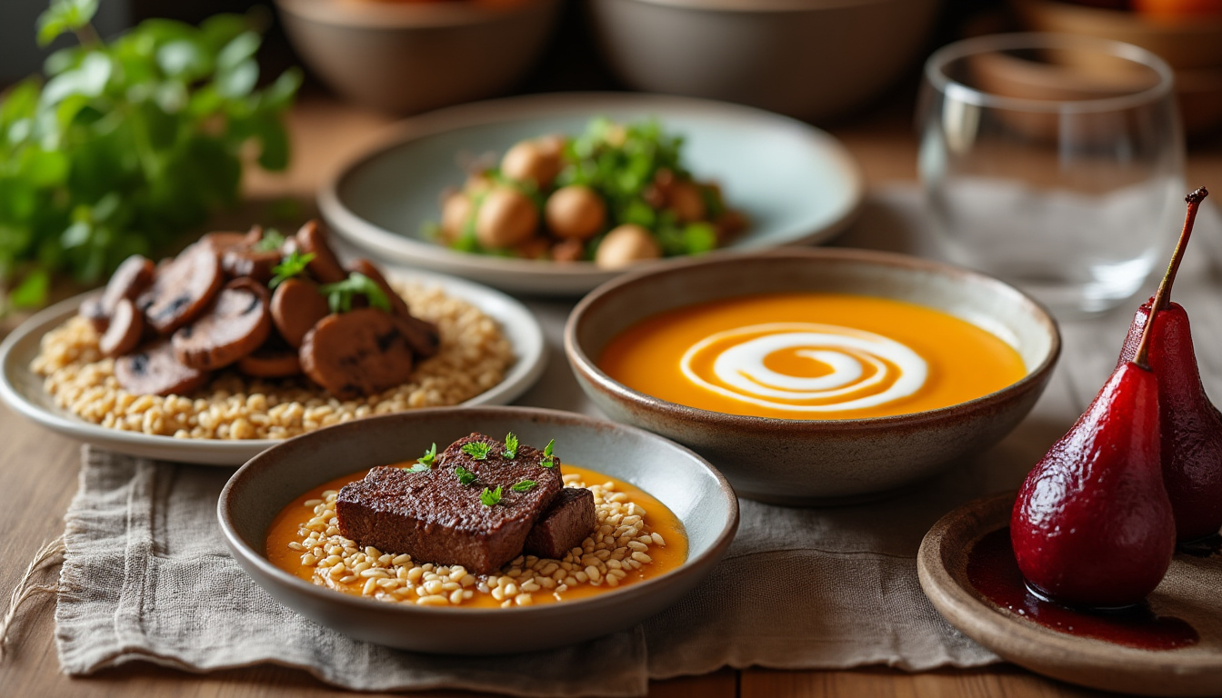 découvrez un menu savoureux : velouté de potimarron onctueux au yaourt, bœuf braisé tendre aux champignons et épeautre, suivi de délicieuses poires pochées au vin. un repas gourmand, réconfortant et raffiné.