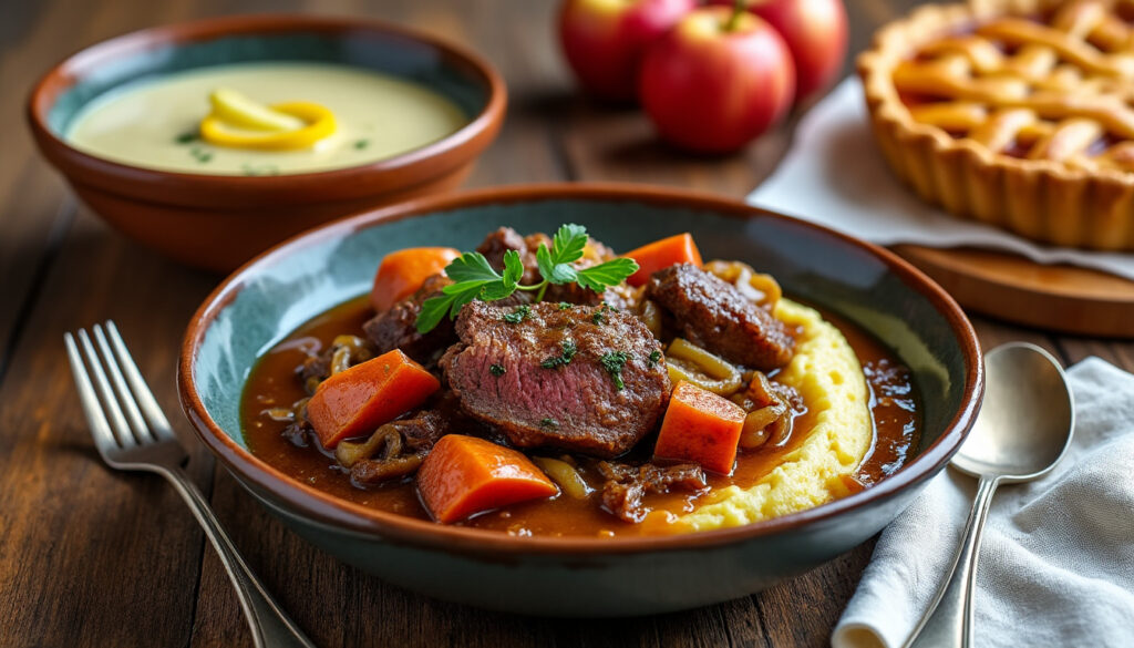 découvrez un menu raffiné : velouté de topinambours relevé au citron, bœuf mijoté aux oignons caramélisés sur polenta crémeuse, et tarte aux pommes rustique nappée de sirop. un trio gourmand, simple et savoureux !