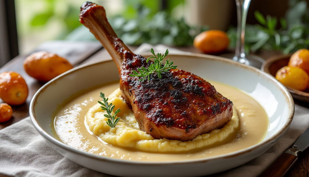dégustez un menu raffiné : velouté de topinambours au parmesan, canard braisé au thym accompagné de polenta crémeuse, et pommes rôties au miel pour une touche sucrée gourmande.