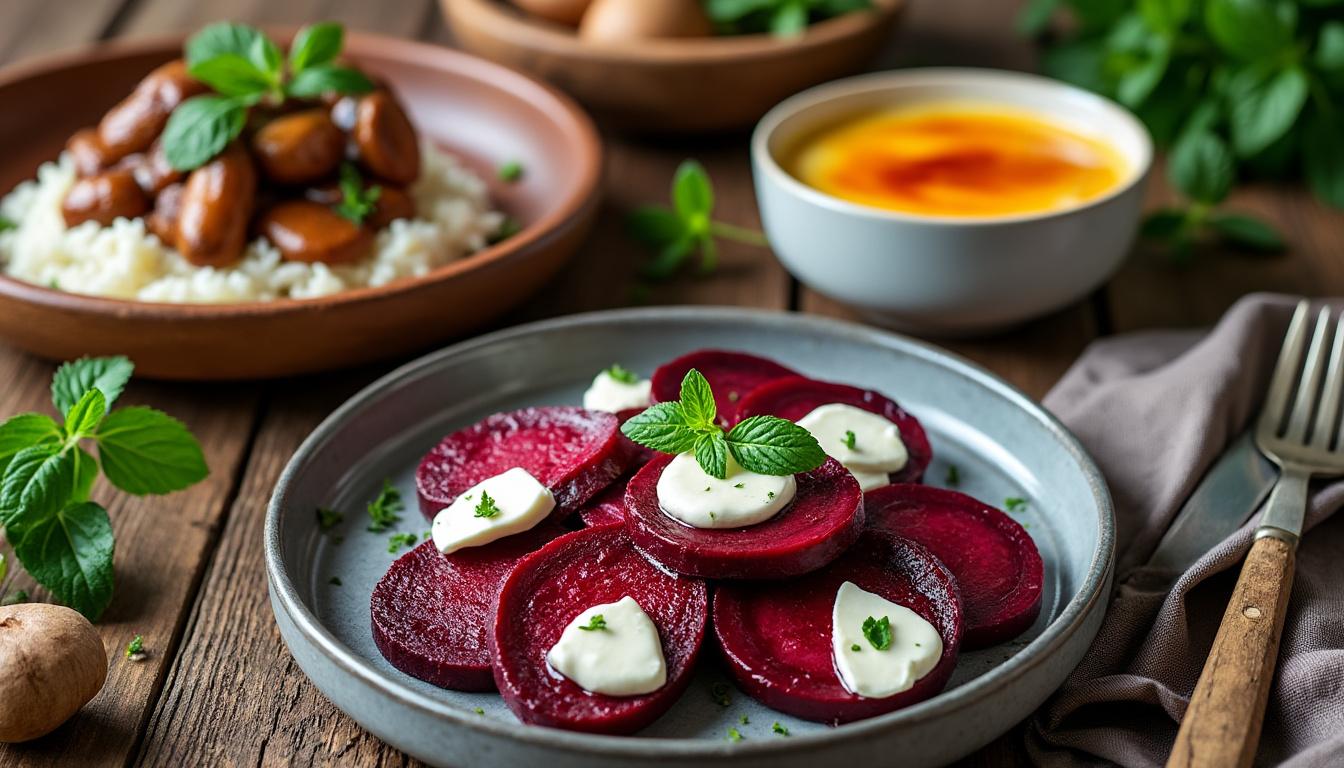 savourez un menu raffiné mêlant betteraves rôties au chèvre, civet de lapin rôti aux cèpes accompagné de riz, et terminez par une crème brûlée parfumée à la menthe. une expérience gastronomique authentique et gourmande.