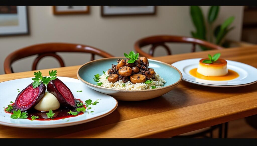 découvrez un menu gourmand avec une entrée de betteraves rôties et chèvre, suivi d’un civet de lapin rôti aux cèpes accompagné de riz, puis terminez par une délicieuse crème brûlée à la menthe. saveurs authentiques et raffinées au rendez-vous.