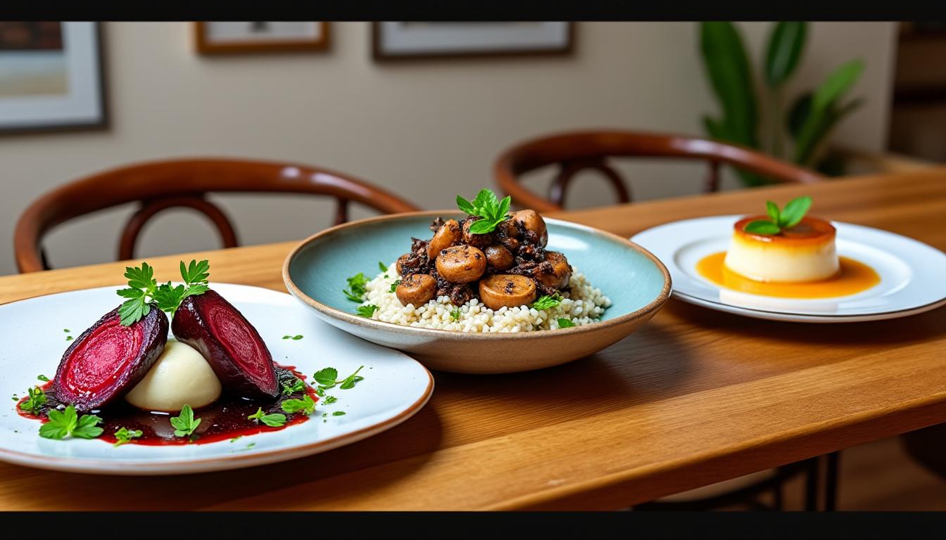 découvrez un menu gourmand avec une entrée de betteraves rôties et chèvre, suivi d’un civet de lapin rôti aux cèpes accompagné de riz, puis terminez par une délicieuse crème brûlée à la menthe. saveurs authentiques et raffinées au rendez-vous.