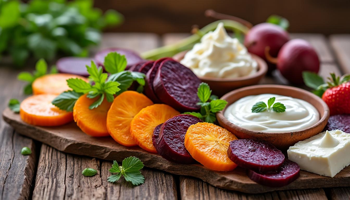 Betteraves rôties et chèvre au yaourt / Polenta au four au thym, tagliatelles / Crêpes aux pommes savourez un menu gourmand avec des betteraves rôties au chèvre et yaourt, une polenta au four parfumée au thym et tagliatelles, puis des crêpes moelleuses aux pommes. un repas équilibré, sain et plein de saveurs!