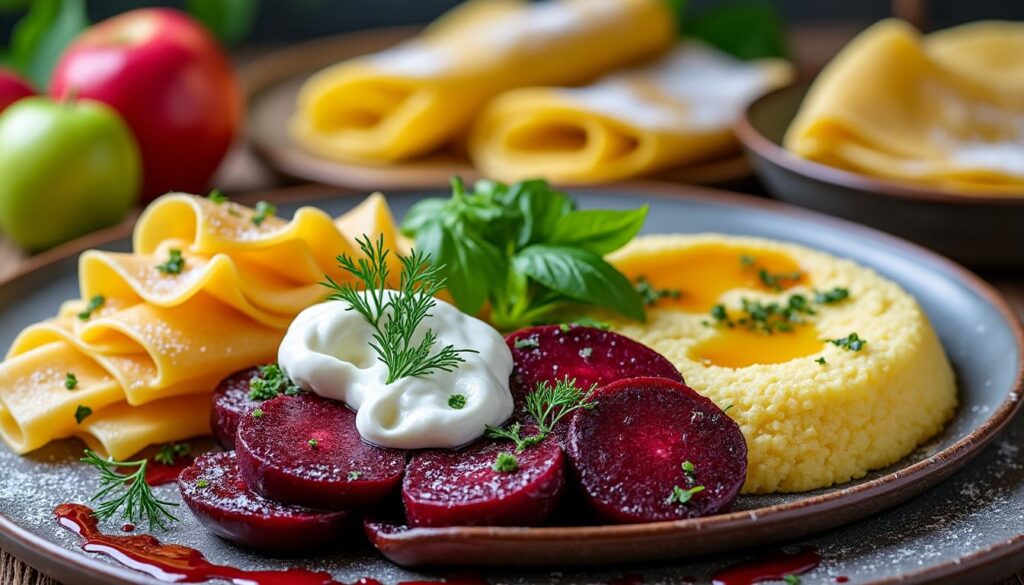 découvrez notre menu gourmand : betteraves rôties au chèvre sur lit de yaourt, polenta au four parfumée au thym et tagliatelles, puis crêpes moelleuses aux pommes. une expérience savoureuse et équilibrée !