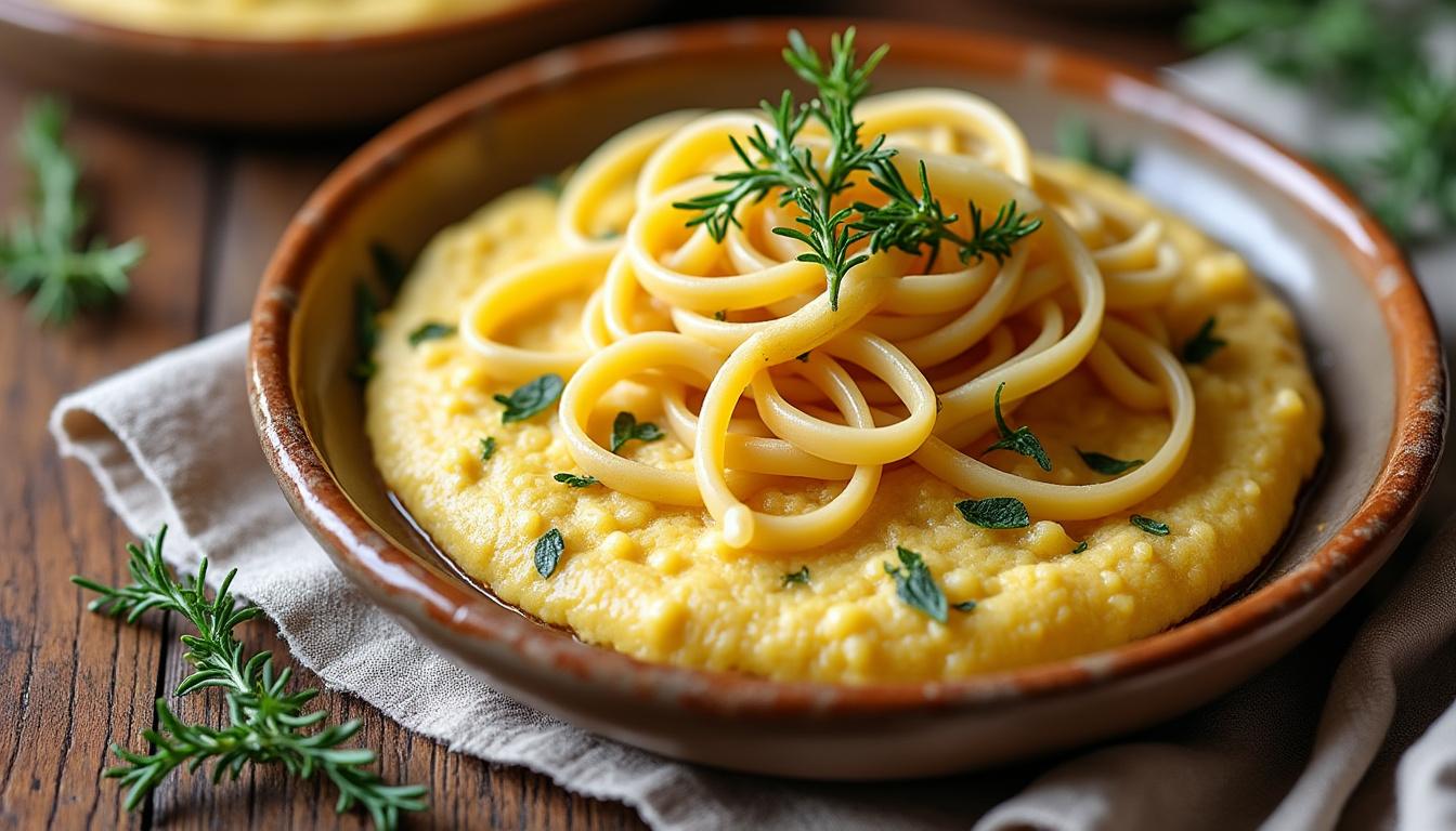 Betteraves rôties et chèvre au yaourt / Polenta au four au thym, tagliatelles / Crêpes aux pommes découvrez un menu savoureux : betteraves rôties et chèvre frais au yaourt, polenta au four parfumée au thym accompagnée de tagliatelles, puis terminez sur une note sucrée avec de délicieuses crêpes aux pommes.