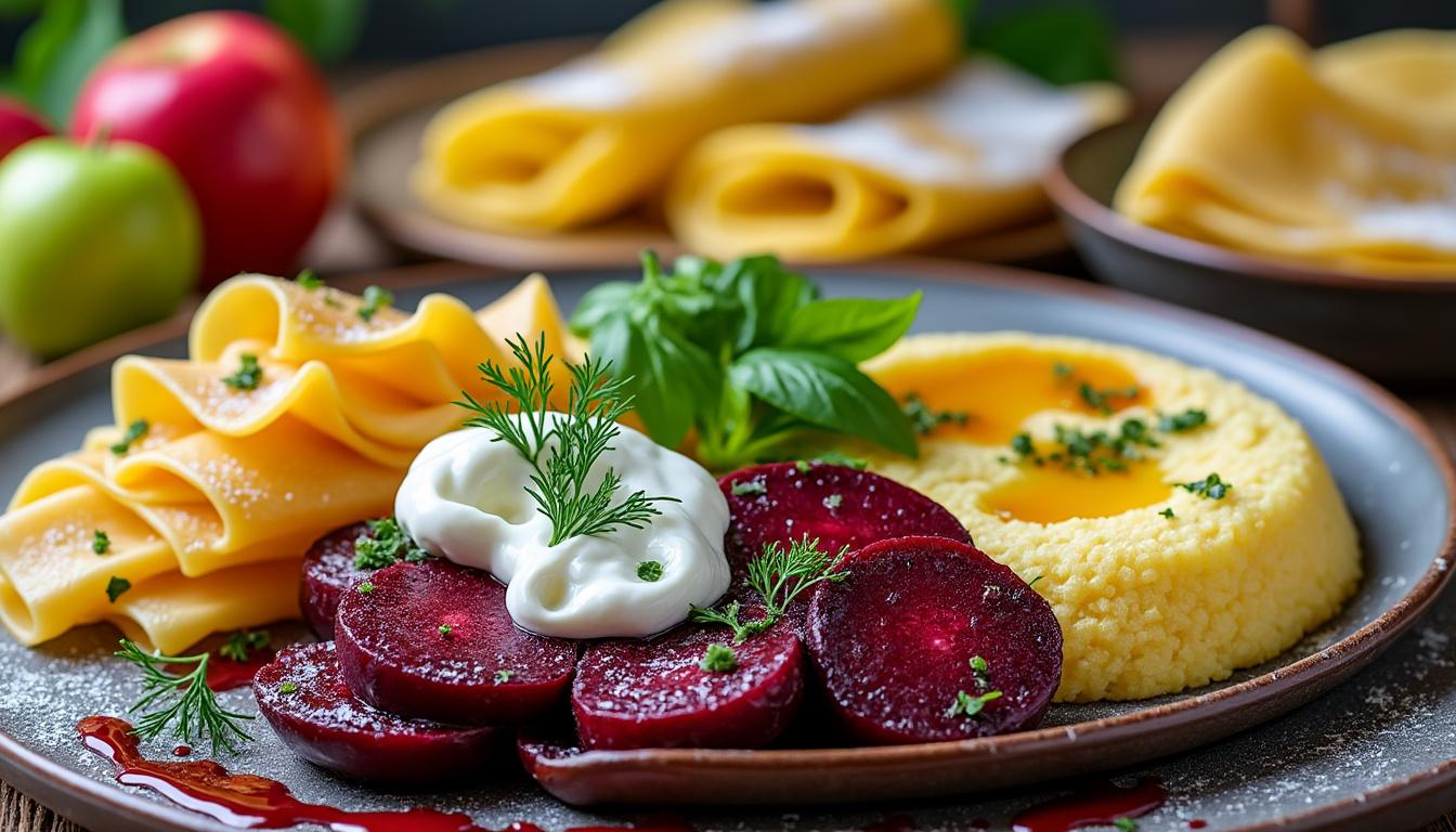 Betteraves rôties et chèvre au yaourt / Polenta au four au thym, tagliatelles / Crêpes aux pommes découvrez notre menu gourmand : betteraves rôties au chèvre sur lit de yaourt, polenta au four parfumée au thym et tagliatelles, puis crêpes moelleuses aux pommes. une expérience savoureuse et équilibrée !