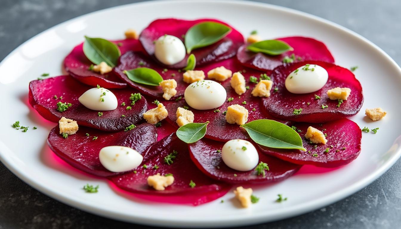 découvrez un menu savoureux : carpaccio de betteraves frais, polenta fondante au four au vin rouge avec carottes glacées, et pour finir un délicieux cake aux noix parfumé à la vanille. un repas gourmand et raffiné à partager !