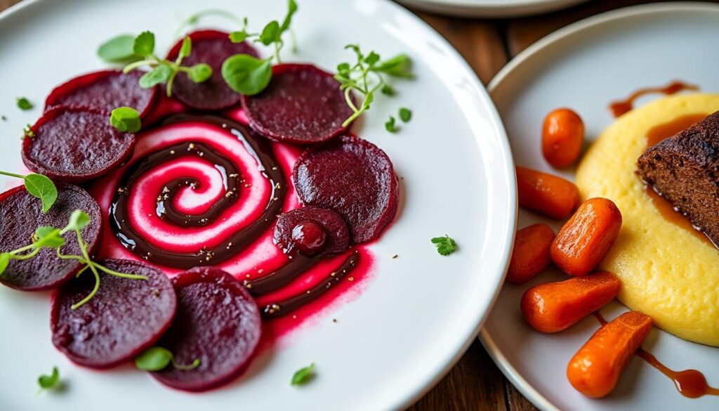 découvrez un menu raffiné et gourmand : carpaccio de betteraves, polenta au four parfumée au vin rouge accompagnée de carottes glacées, et terminez sur une note sucrée avec un cake aux noix à la vanille. idéal pour régaler vos convives !