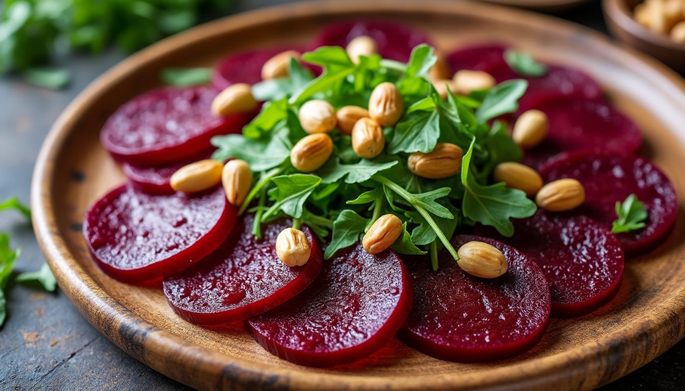 Carpaccio de betteraves à la noisette / Risotto poêlé au vin rouge, polenta crémeuse / Cake aux noix au citron savourez un menu raffiné avec carpaccio de betteraves à la noisette, risotto poêlé au vin rouge accompagné de polenta crémeuse, et terminez sur une note sucrée avec un cake aux noix et citron. idéal pour un repas gourmand et équilibré.