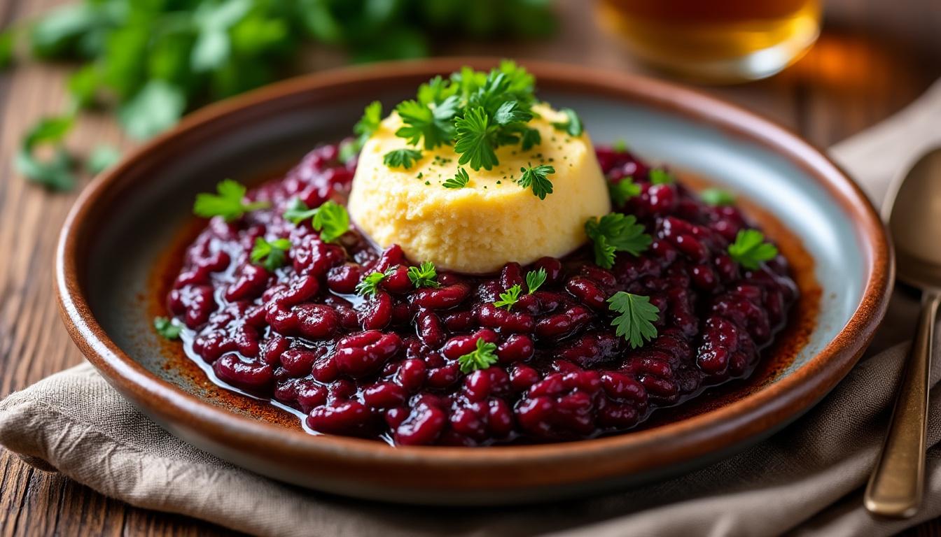 Carpaccio de betteraves à la noisette / Risotto poêlé au vin rouge, polenta crémeuse / Cake aux noix au citron savourez un menu gourmand : carpaccio de betteraves à la noisette, risotto poêlé au vin rouge servi avec une polenta crémeuse, et cake aux noix parfumé au citron. parfait pour un repas raffiné et plein de saveurs végétales !