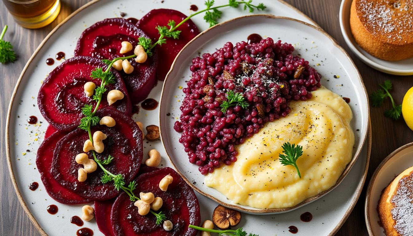 Carpaccio de betteraves à la noisette / Risotto poêlé au vin rouge, polenta crémeuse / Cake aux noix au citron découvrez un menu raffiné : carpaccio de betteraves aux noisettes, risotto poêlé au vin rouge avec polenta crémeuse, et un délicieux cake aux noix parfumé au citron. des saveurs authentiques et originales pour surprendre vos convives.