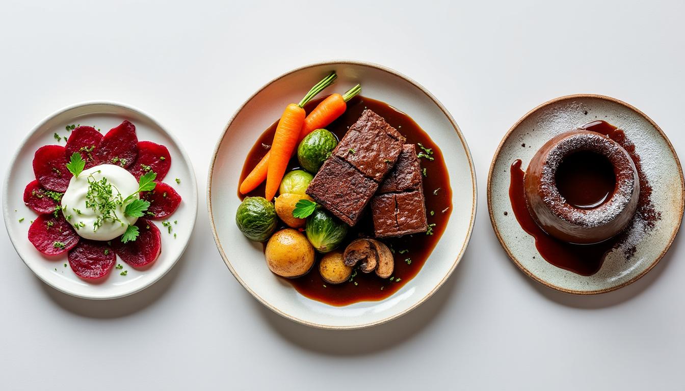 Carpaccio de betteraves au yaourt / Canard mijoté aux cèpes, légumes rôtis / Fondant au chocolat découvrez un menu raffiné : carpaccio de betteraves au yaourt, canard mijoté aux cèpes et légumes rôtis, puis fondant au chocolat. une expérience gourmande et élégante à savourer.