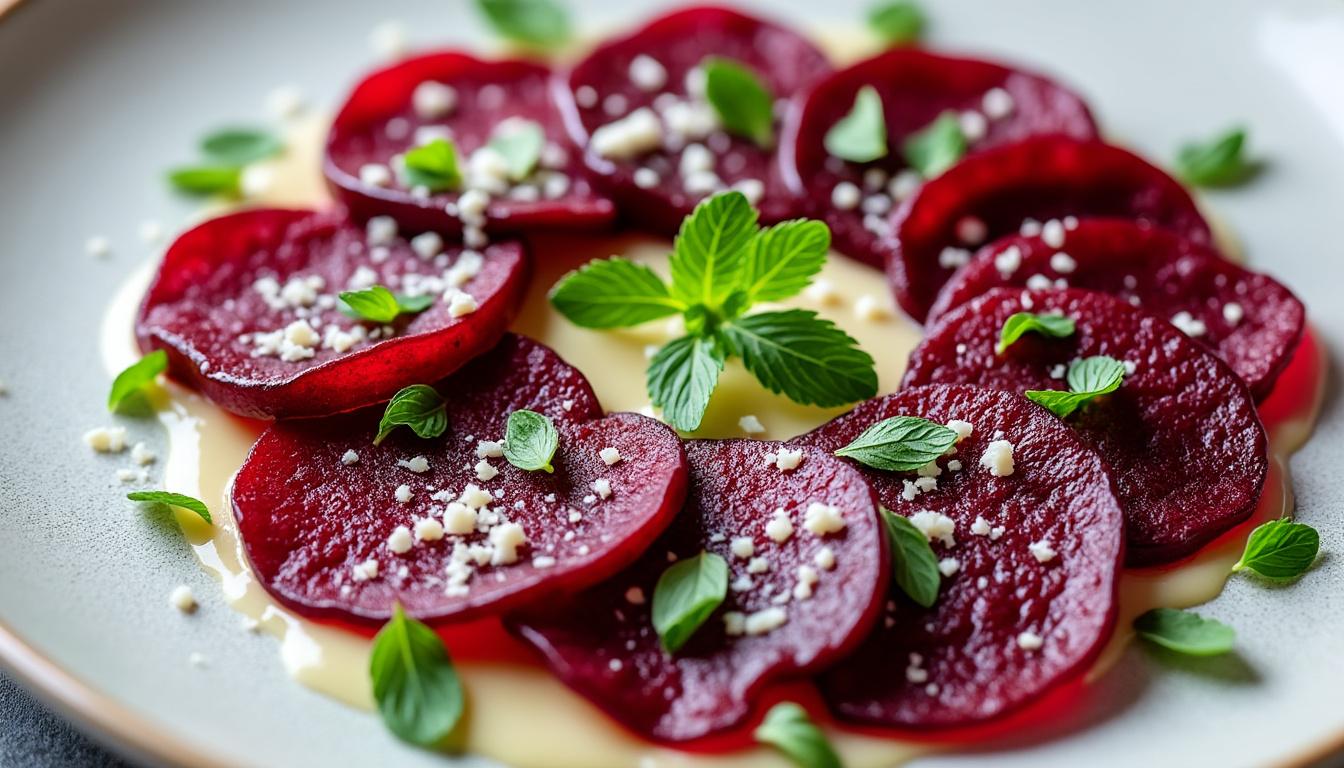 Carpaccio de betteraves aux herbes / Canard mijoté à la sauge, carottes glacées / Tarte aux poires à la menthe découvrez un menu raffiné avec un carpaccio de betteraves aux herbes, du canard mijoté à la sauge accompagné de carottes glacées, suivi d'une délicieuse tarte aux poires parfumée à la menthe. un voyage gourmand et équilibré pour éveiller vos papilles.