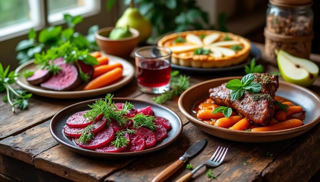 découvrez un menu raffiné : carpaccio de betteraves aux herbes fraîches, canard mijoté à la sauge accompagné de carottes glacées, et en dessert, une tarte aux poires délicatement parfumée à la menthe. un voyage gourmand, du plat à l’assiette !
