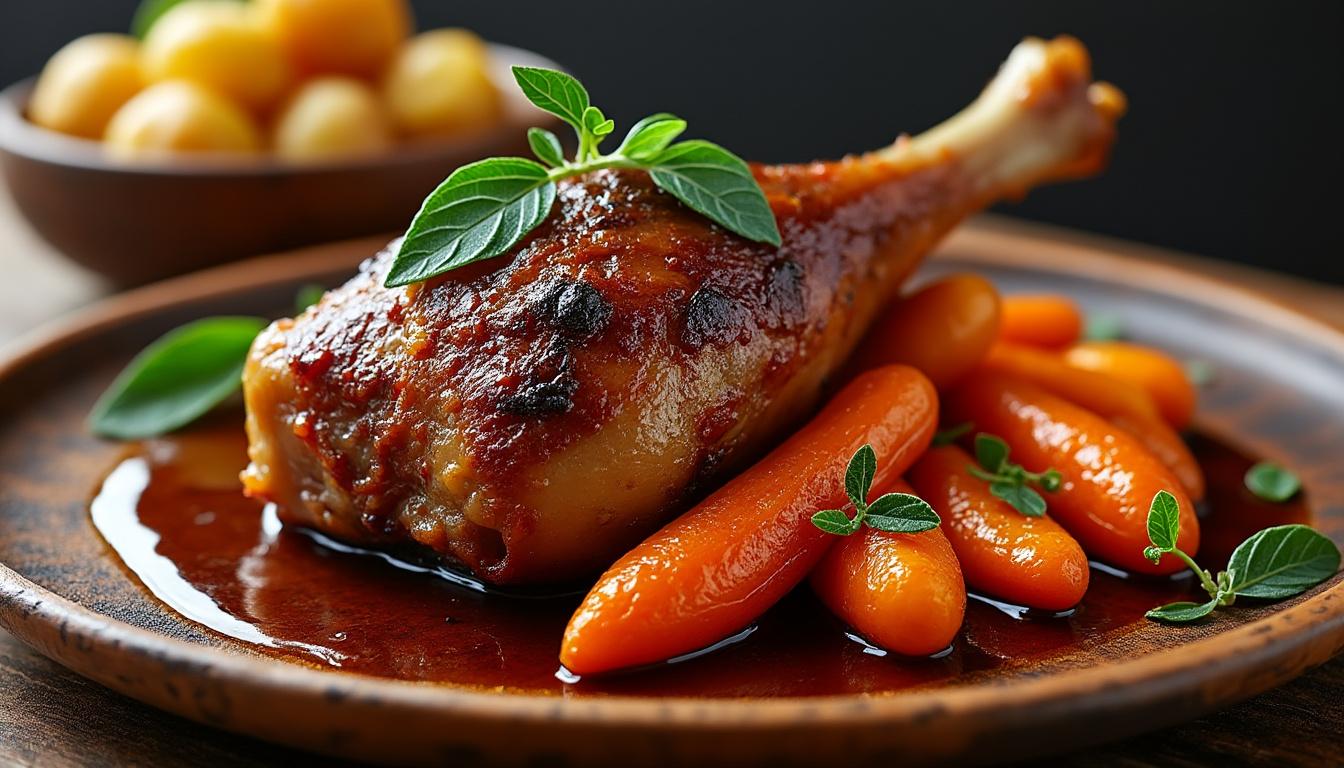 Carpaccio de betteraves aux herbes / Canard mijoté à la sauge, carottes glacées / Tarte aux poires à la menthe découvrez un menu raffiné : carpaccio de betteraves fraîches aux herbes, canard mijoté à la sauge accompagné de carottes glacées, et tarte aux poires délicatement parfumée à la menthe. savourez une expérience gourmande pleine de fraîcheur et d'arômes.