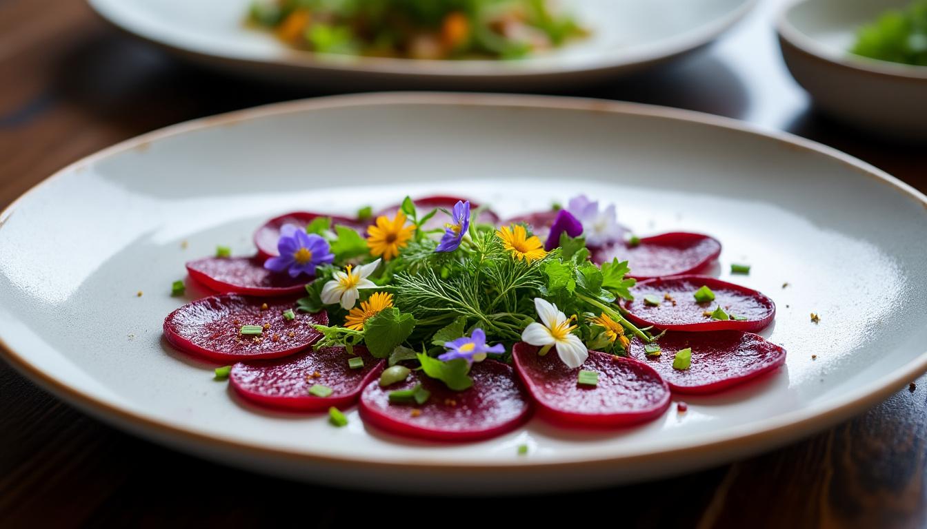 découvrez un menu raffiné : carpaccio de betteraves parfumé aux herbes fraîches, pintade rôti aux champignons et légumes de saison, suivi d’une délicieuse tarte à la figue à la menthe. un trio gourmand pour éveiller vos papilles !