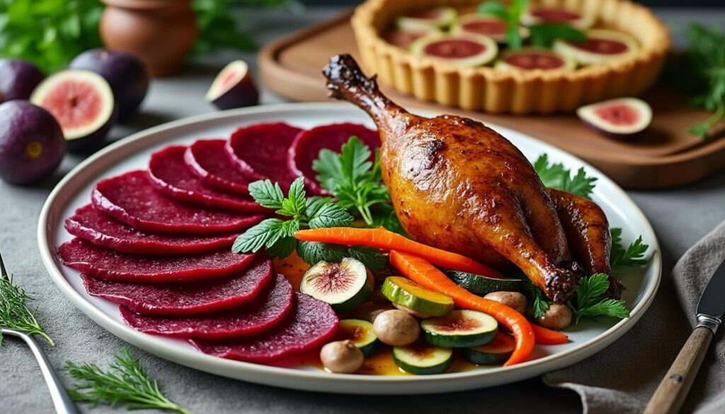 dégustez un menu raffiné : carpaccio de betteraves aux herbes, pintade rôtie aux champignons et légumes rôtis, puis une tarte à la figue parfumée à la menthe. saveurs gourmandes et équilibre des saisons au rendez-vous !