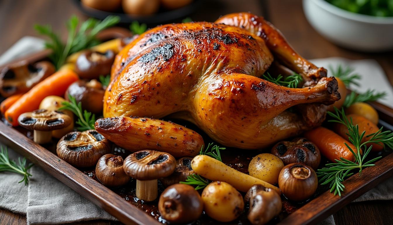 découvrez un menu raffiné : carpaccio de betteraves aux herbes, pintade rôtie accompagnée de champignons et de légumes rôtis, suivi d'une délicieuse tarte à la figue parfumée à la menthe. un voyage gourmand aux saveurs authentiques.