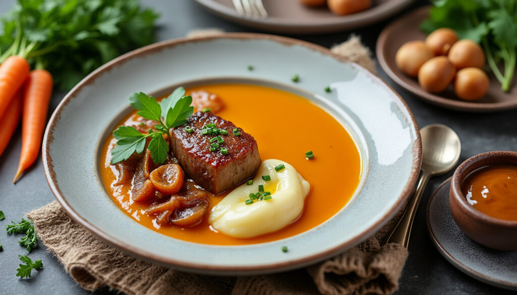 découvrez un menu gourmand avec une crème de carotte au gingembre relevée d'huile d'olive, un sauté de veau braisé accompagné d'oignons caramélisés et de purée de pommes de terre, suivi d'une onctueuse crème de marrons maison.