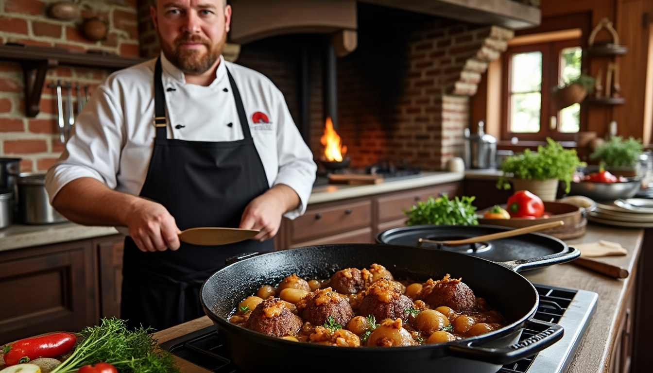 savourez un menu raffiné : crème de carotte au gingembre relevée d'huile d'olive, sauté de veau braisé aux oignons caramélisés accompagné d'une purée onctueuse, et en dessert, une délicieuse crème de marrons maison.