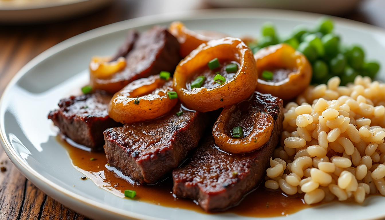 Crème de carotte au gingembre aux herbes / Bœuf braisé aux oignons caramélisés, épeautre / Riz au lait à la vanille à la menthe savourez un menu gourmet : crème de carotte relevée au gingembre et herbes fraîches, bœuf braisé aux oignons caramélisés accompagné d’épeautre, et terminez sur une douce note avec un riz au lait à la vanille parfumé à la menthe.