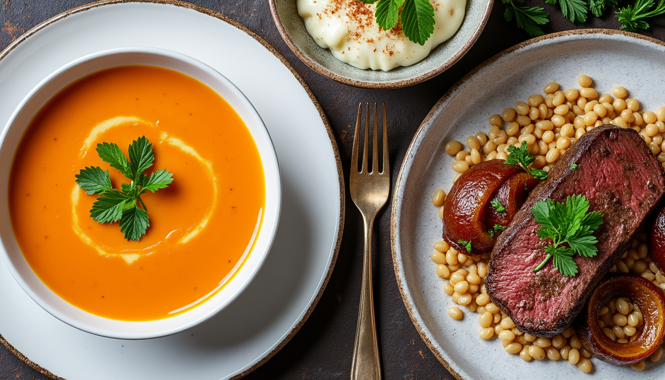 Crème de carotte au gingembre aux herbes / Bœuf braisé aux oignons caramélisés, épeautre / Riz au lait à la vanille à la menthe savourez un menu raffiné : crème de carotte relevée au gingembre et aux herbes, bœuf braisé fondant aux oignons caramélisés accompagné d'épeautre, suivi d'un riz au lait à la vanille subtilement parfumé à la menthe. un voyage gourmand alliant douceur, saveur et originalité.