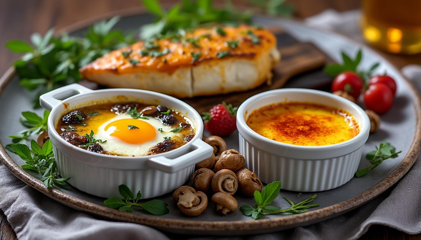 Œufs cocotte aux cèpes à l'huile d'olive / Bar rôti aux champignons, gratin de potimarron / Crème brûlée découvrez un menu raffiné avec des œufs cocotte aux cèpes à l'huile d'olive, un bar rôti accompagné de champignons et de gratin de potimarron, suivi d'une délicieuse crème brûlée en dessert. une invitation gourmande aux saveurs d'automne.