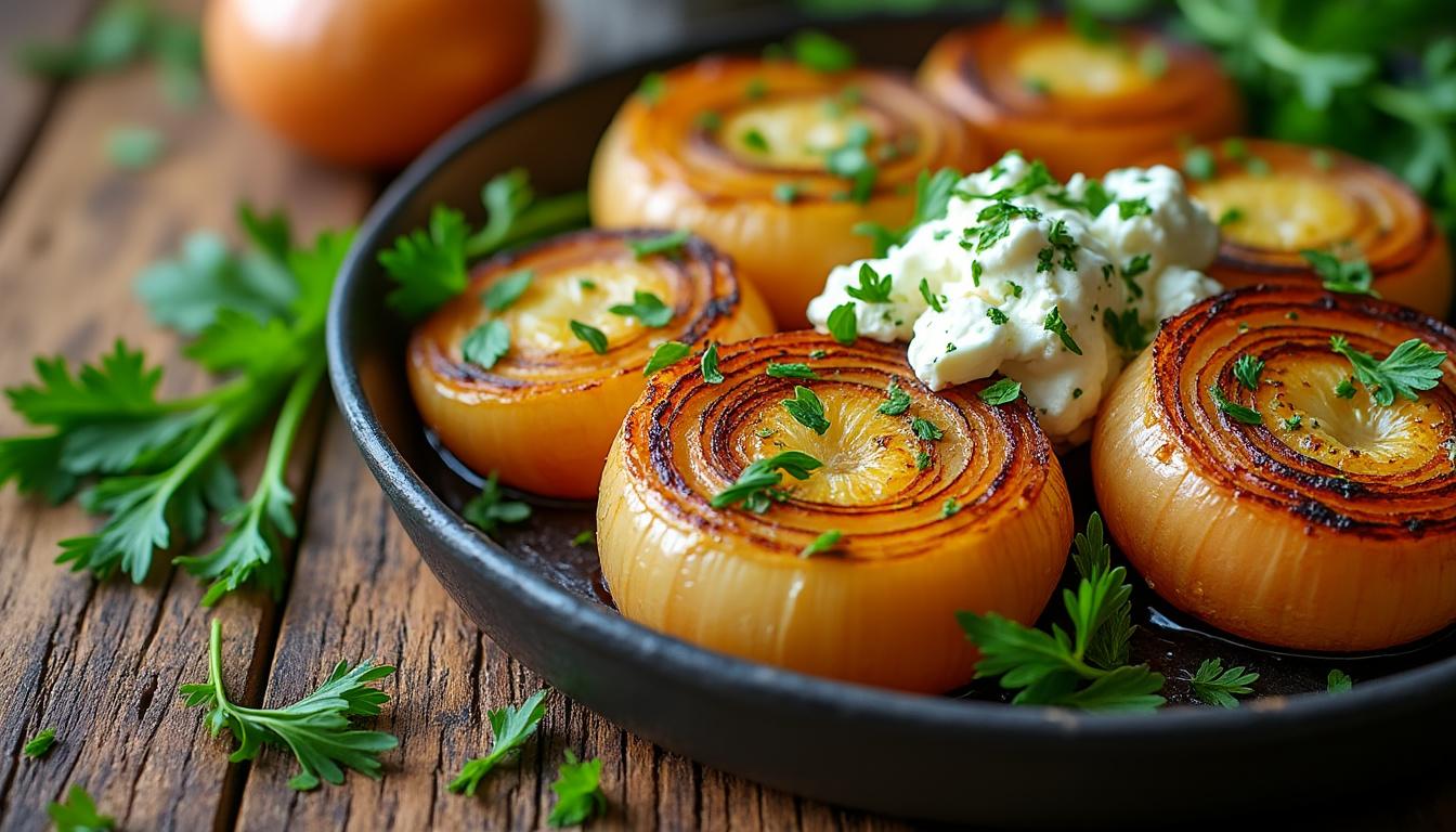 Oignons doux rôtis et feta aux herbes / Lasagnes poêlé aux châtaignes, carottes glacées / Crème de marrons maison au sirop dégustez un menu original : oignons doux rôtis associés à de la feta aux herbes, lasagnes poêlées aux châtaignes et carottes glacées, puis savourez une crème de marrons maison au sirop. un voyage gourmand et réconfortant.