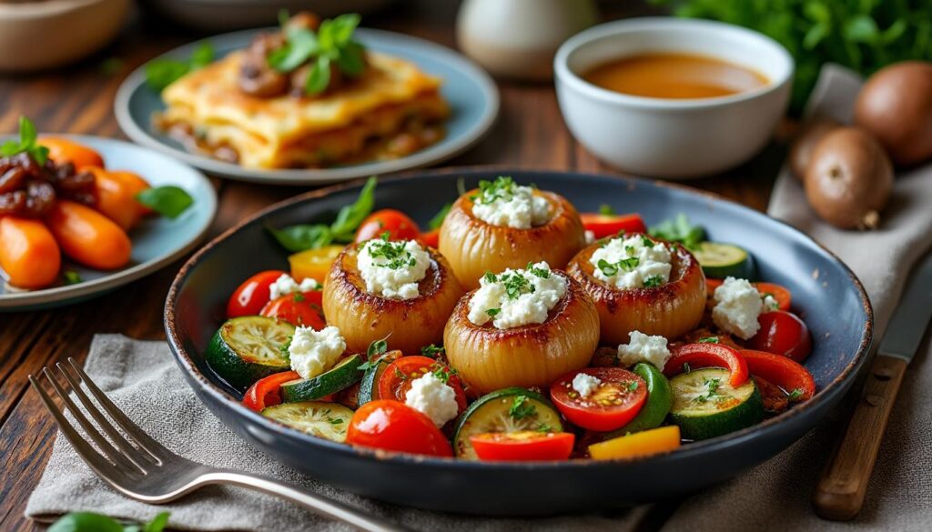 découvrez un menu gourmand et réconfortant : oignons doux rôtis accompagnés de feta aux herbes, lasagnes poêlées aux châtaignes avec carottes glacées et une délicieuse crème de marrons maison au sirop. un voyage de saveurs automnales et raffinées !
