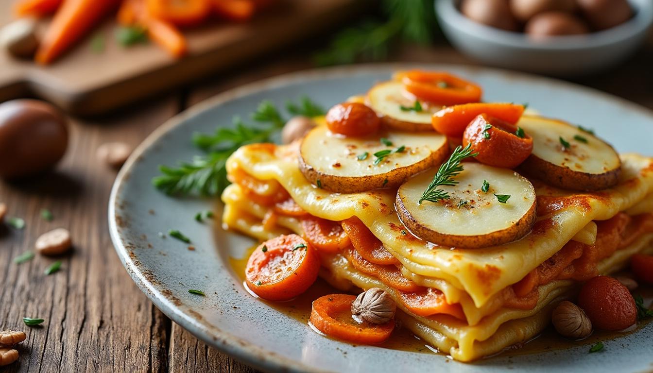 Oignons doux rôtis et feta aux herbes / Lasagnes poêlé aux châtaignes, carottes glacées / Crème de marrons maison au sirop découvrez un menu gourmand : oignons doux rôtis et feta aux herbes, lasagnes poêlées aux châtaignes et carottes glacées, puis une délicieuse crème de marrons maison au sirop. des saveurs authentiques et réconfortantes à savourer !