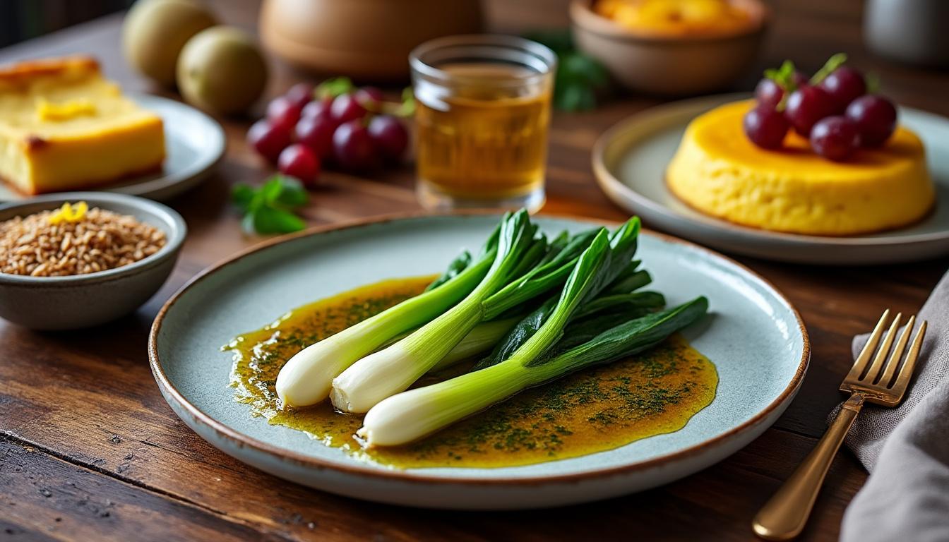 découvrez une entrée fraîche de poireaux vinaigrette, suivie d'une polenta au four parfumée au vin rouge et épeautre, puis terminez sur une note sucrée avec un clafoutis aux raisins et citron. un menu savoureux et original à déguster !