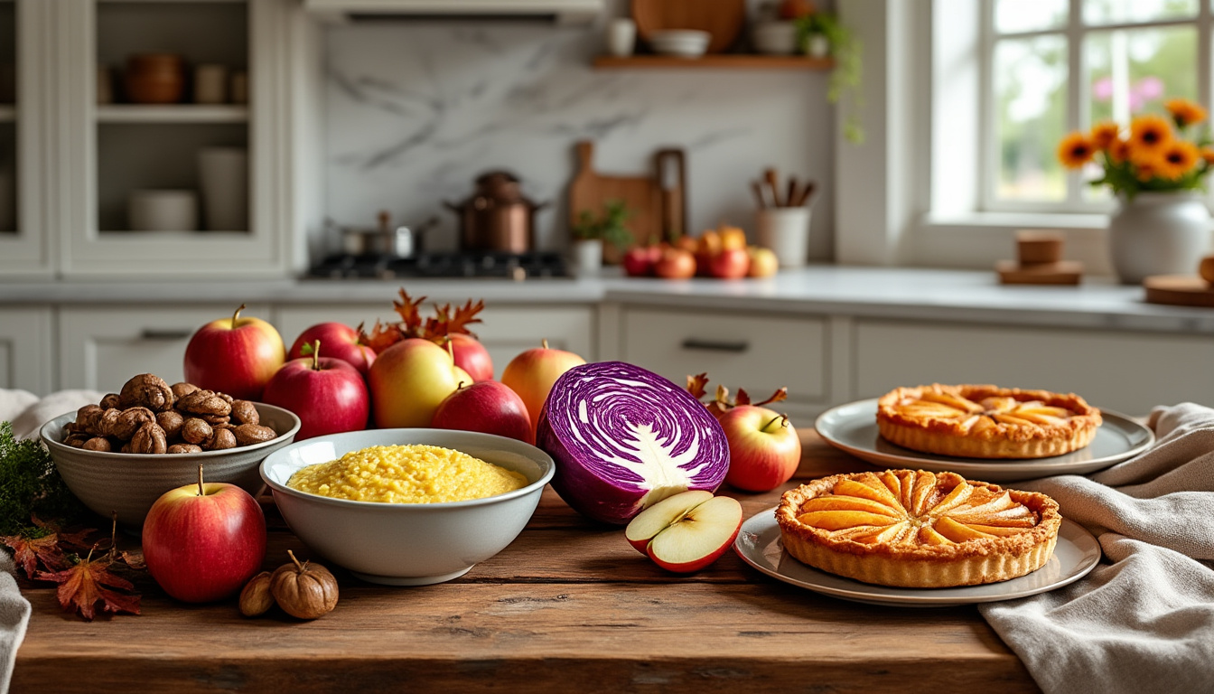 savourez un menu gourmand avec une salade de chou rouge et pommes croquante, une polenta au four aux cèpes et épeautre, suivie d'une tarte aux pommes rustique nappée de miel. un repas automnal, sain et généreux.