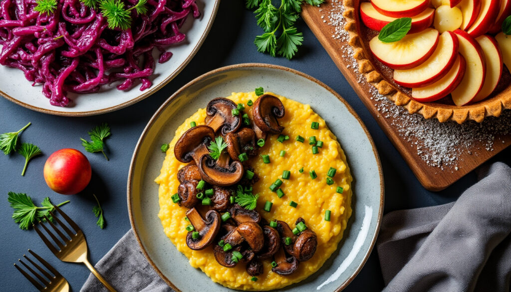 savourez un menu équilibré avec une salade de chou rouge croquante et pommes, une polenta au four aux cèpes et épeautre, suivie d'une délicieuse tarte aux pommes rustique au miel. gourmandise et fraîcheur au rendez-vous !