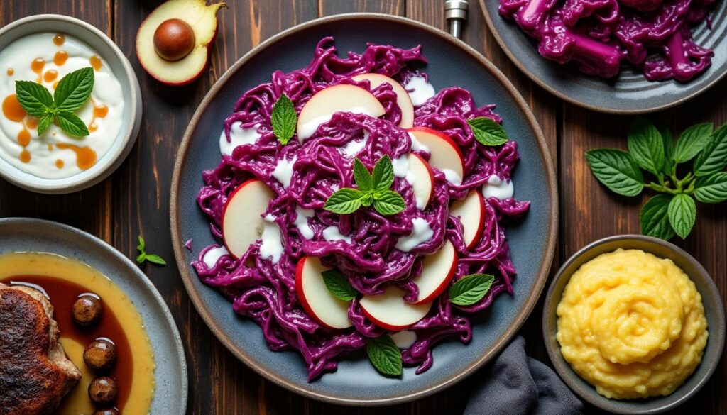 savourez un menu gourmet : salade croquante de chou rouge et pommes au yaourt, pintade braisée aux cèpes avec polenta crémeuse, et une délicate crème caramel parfumée à la menthe. une expérience culinaire raffinée et équilibrée.