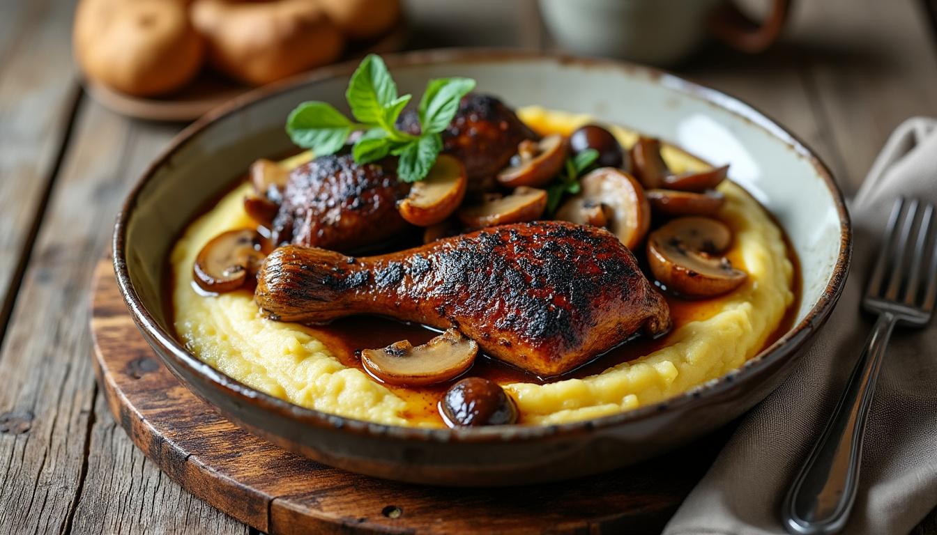 Salade de chou rouge et pommes au yaourt / Pintade braisé aux cèpes, polenta crémeuse / Crème caramel à la menthe savourez un menu raffiné : salade de chou rouge et pommes au yaourt, pintade braisée aux cèpes sur polenta crémeuse, et crème caramel à la menthe pour une touche sucrée et fraîche.