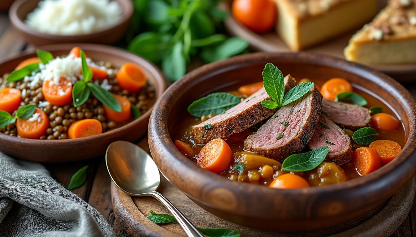 découvrez un menu gourmand : salade de lentilles aux carottes, herbes fraîches et parmesan, suivie d’un civet de lapin rôti à la sauge accompagné de riz, puis savourez une délicieuse tarte aux noix parfumée à la vanille.