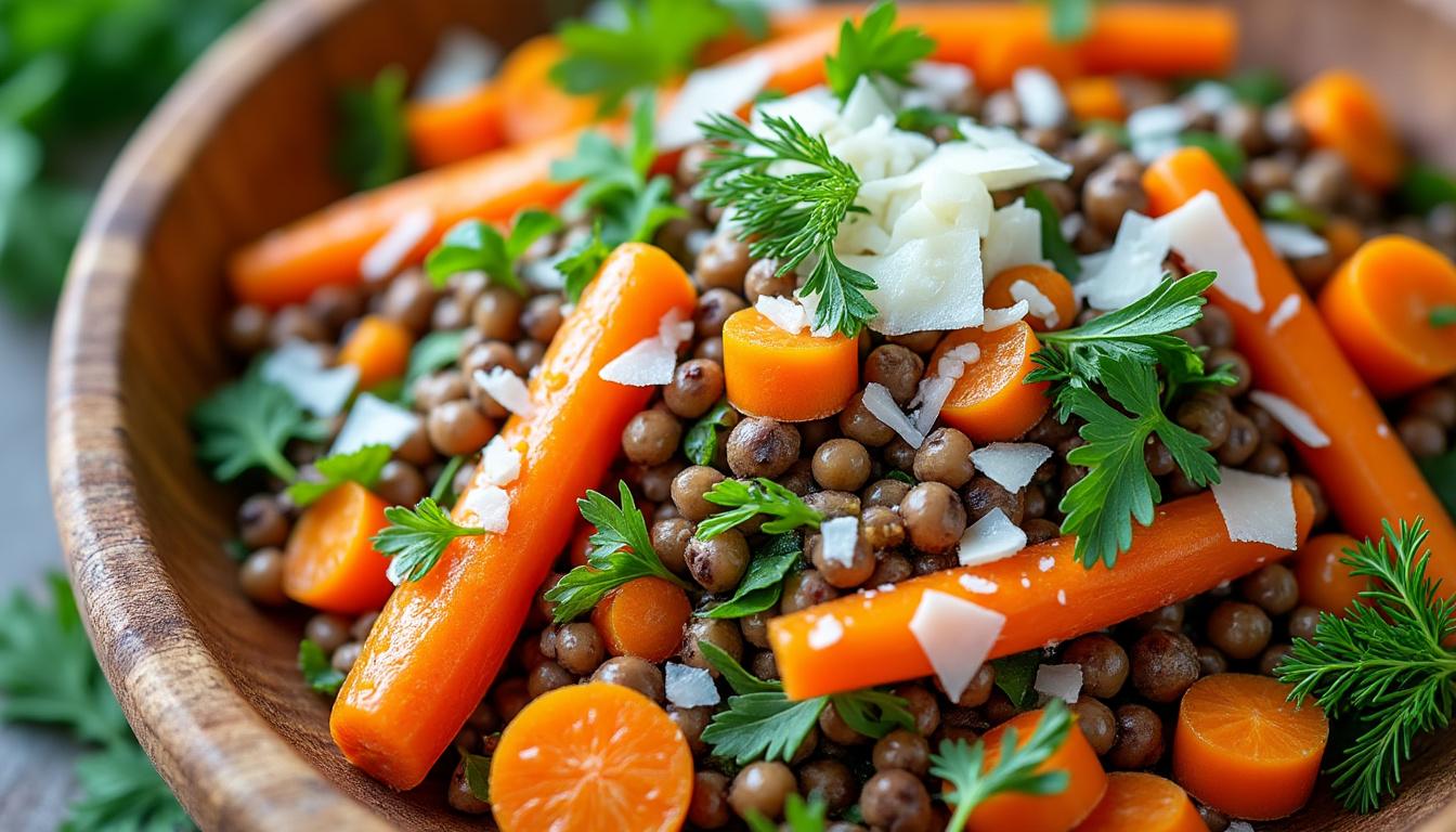 découvrez un menu gourmet : savourez une salade de lentilles aux carottes, herbes fraîches et parmesan, poursuivez avec un civet de lapin rôti à la sauge accompagné de riz, puis terminez par une délicieuse tarte aux noix parfumée à la vanille.