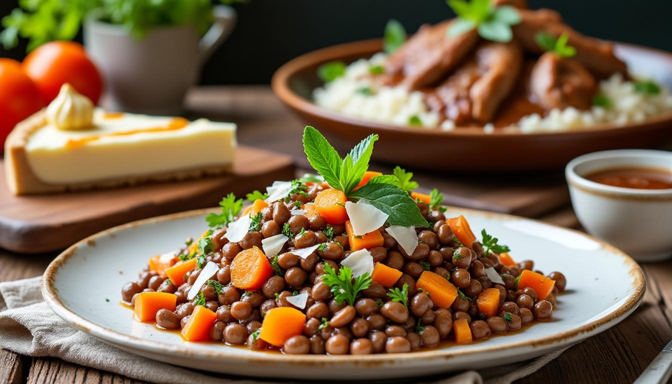 découvrez un menu savoureux : salade de lentilles aux carottes, herbes fraîches et parmesan, civet de lapin rôti à la sauge accompagné de riz, et une délicieuse tarte aux noix parfumée à la vanille en dessert.
