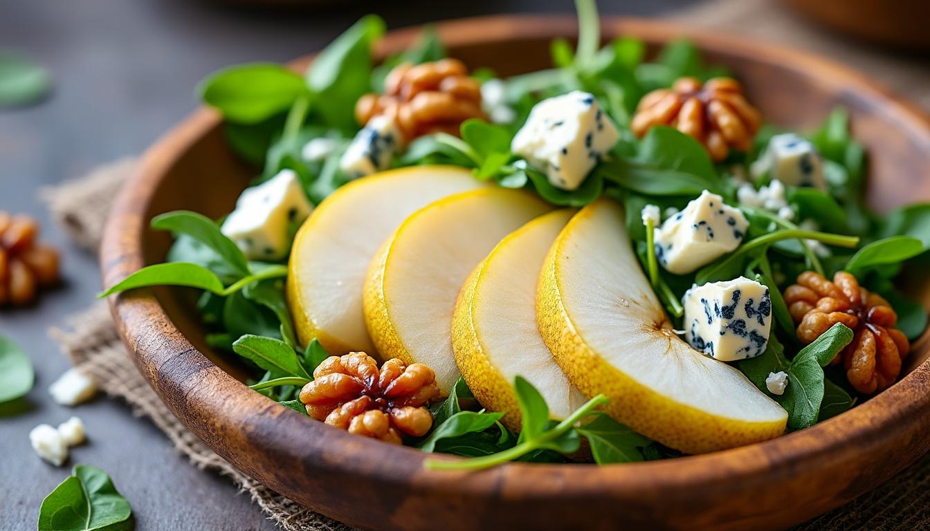 découvrez un menu gourmand composé d'une salade de poires, noix et roquette, de savoureuses lasagnes au four aux châtaignes accompagnées d'une polenta crémeuse, et d'une délicieuse tarte aux poires à la menthe. un repas équilibré aux saveurs automnales et originales.