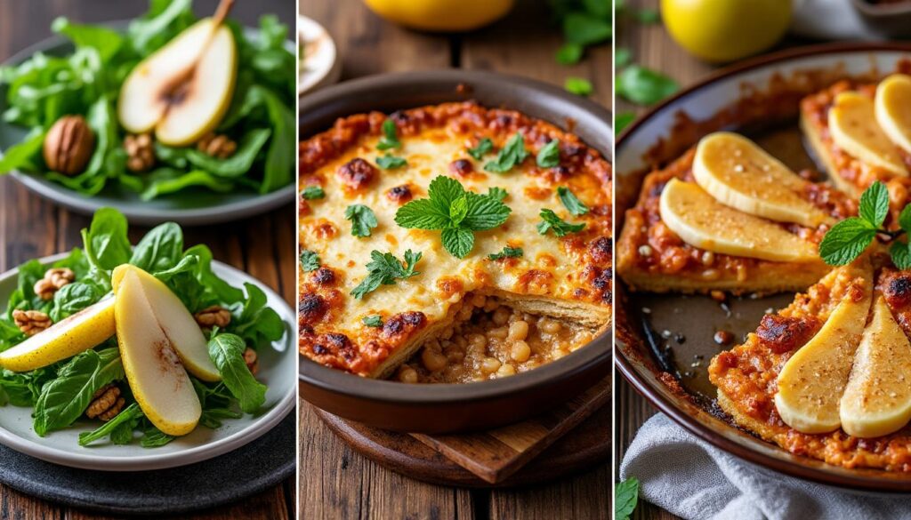 découvrez un menu gourmand et automnal : savourez une salade fraîche de poires, noix et roquette, des lasagnes au four aux châtaignes sur polenta crémeuse, et une délicieuse tarte aux poires parfumée à la menthe. à tester pour régaler vos convives !