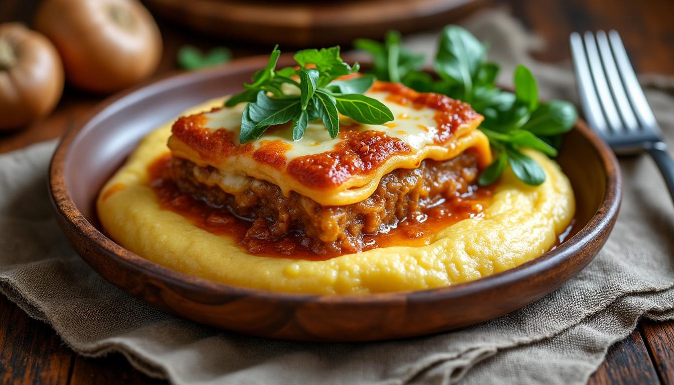 découvrez un menu gourmand : salade de poires, noix et roquette en entrée, lasagnes au four aux châtaignes accompagnées de polenta crémeuse en plat principal, et tarte aux poires à la menthe pour finir sur une note sucrée.