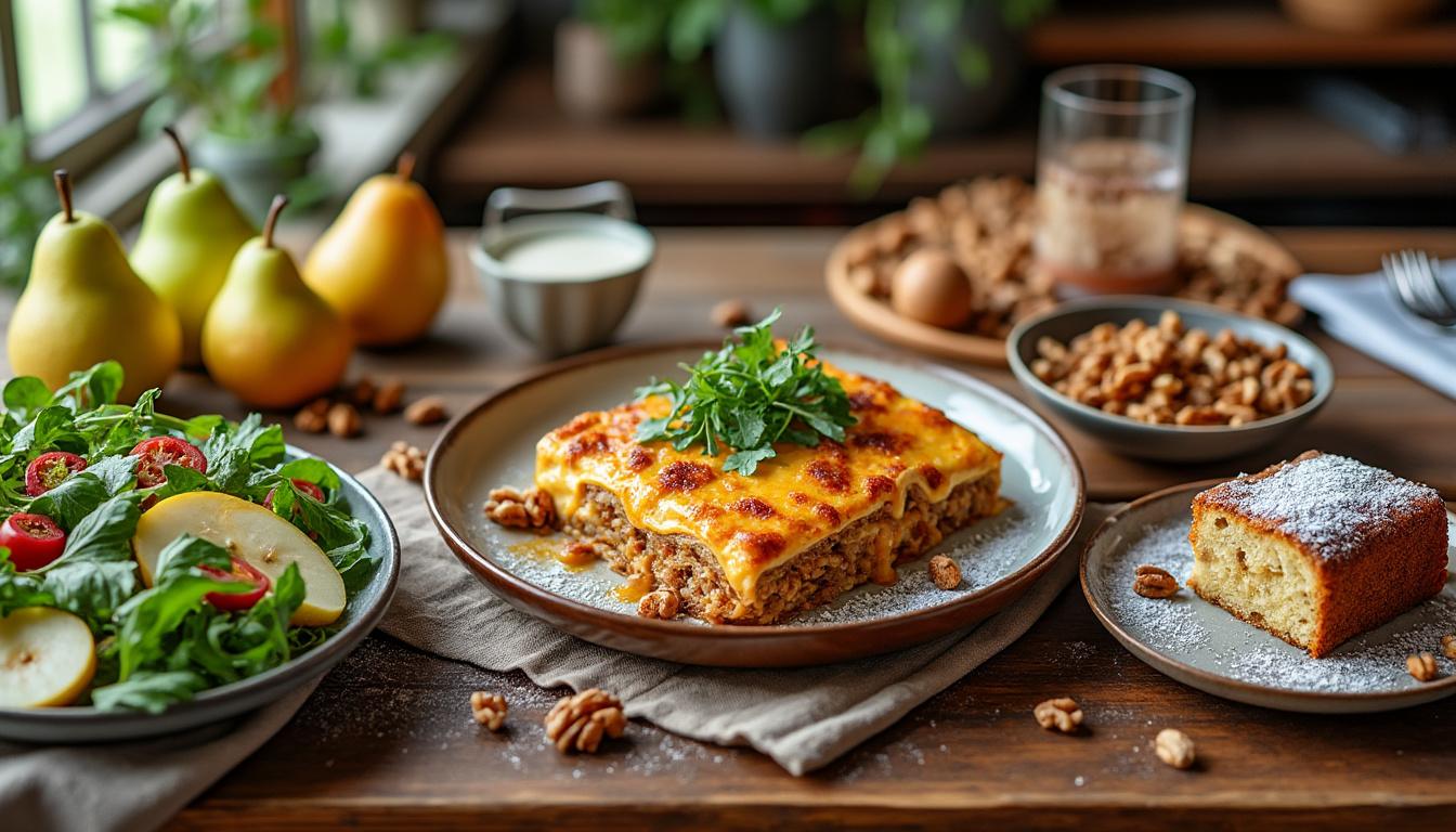 Salade de poires, noix et roquette / Lasagnes poêlé aux oignons caramélisés, gratin de potimarron / Cake aux noix et amandes découvrez un menu gourmand : salade fraîche de poires, noix et roquette, lasagnes poêlées aux oignons caramélisés et gratin de potimarron, suivis d’un délicieux cake aux noix et amandes. des saveurs de saison pour un repas savoureux et réconfortant !