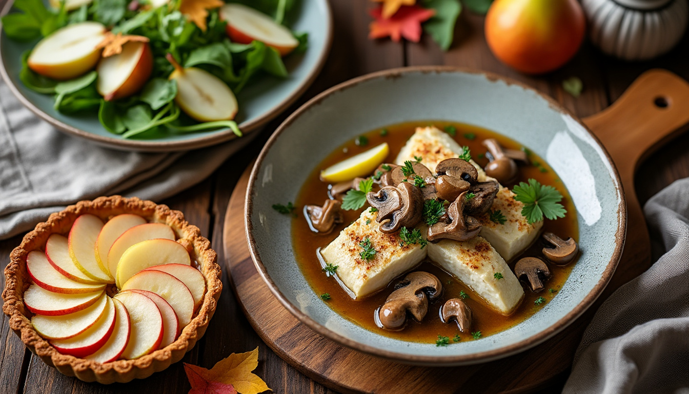Salade de poires, noix et roquette au yaourt / Bar mijoté aux cèpes, gratin de potimarron / Tarte aux pommes rustique au sirop découvrez un menu savoureux : salade fraîche de poires, noix et roquette au yaourt, suivie d’un bar mijoté aux cèpes accompagné d’un gratin de potimarron fondant, et terminez par une tarte aux pommes rustique nappée de sirop.