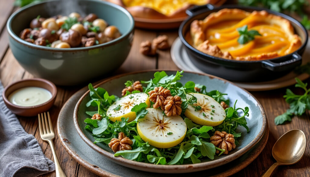 savourez un menu raffiné : salade fraîche de poires, noix et roquette au yaourt, bar mijoté aux cèpes avec gratin de potimarron, et pour finir, une tarte aux pommes rustique délicatement nappée de sirop.
