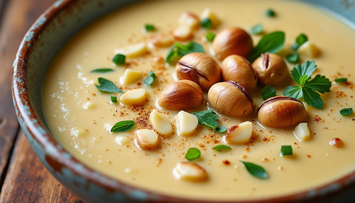 Soupe de panais à la noisette / Quiche rôti aux champignons, riz / Crêpes aux pommes à la menthe découvrez un menu gourmand et équilibré : savourez une soupe de panais à la noisette, une quiche de champignons rôtis accompagnée de riz, et terminez sur une note sucrée avec des crêpes aux pommes et à la menthe.