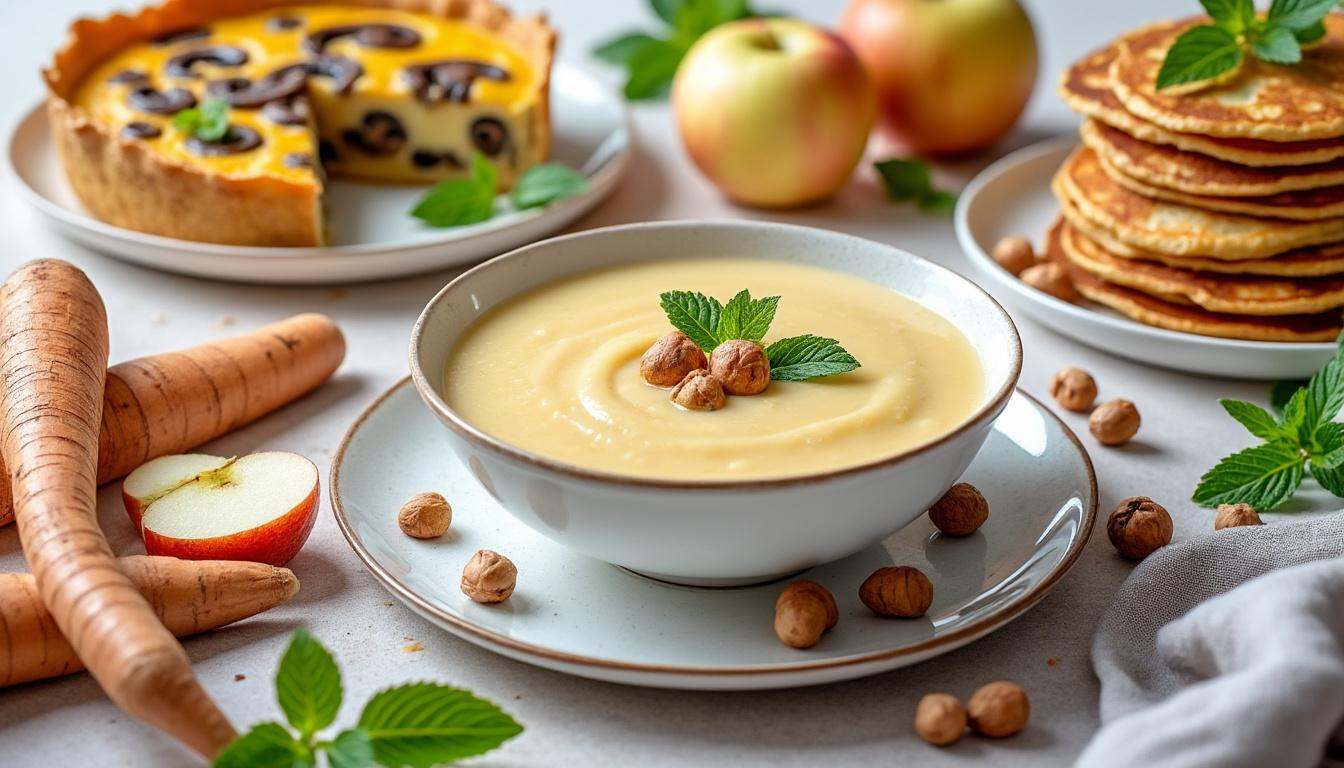 Soupe de panais à la noisette / Quiche rôti aux champignons, riz / Crêpes aux pommes à la menthe découvrez un menu gourmand : soupe de panais aux noisettes, quiche aux champignons rôtis avec riz, et crêpes aux pommes rehaussées de menthe. saveurs d'automne et équilibre parfait entre douceur et réconfort !