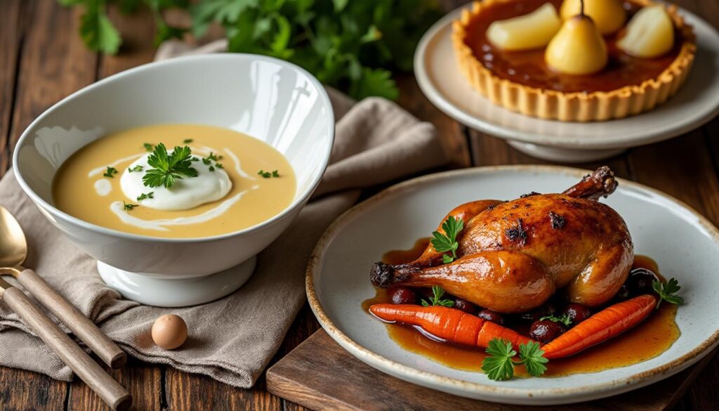 découvrez un menu gourmand : soupe veloutée de panais au yaourt, pintade rôtie au four accompagnée d'oignons caramélisés et de carottes glacées, suivie d'une délicieuse tarte aux poires parfumée à la vanille.