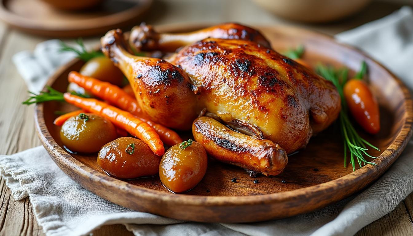 découvrez un délicieux menu de saison : soupe onctueuse de panais au yaourt, pintade rôtie au four accompagnée d’oignons caramélisés et de carottes glacées, suivi d’une tarte gourmande aux poires et vanille.